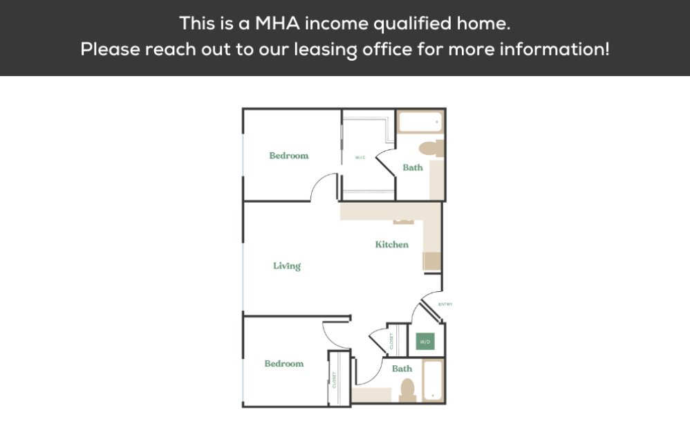 2x2 – MHA - 2 bedroom floorplan layout with 2 bathrooms and 900 - 1013 square feet (2
)