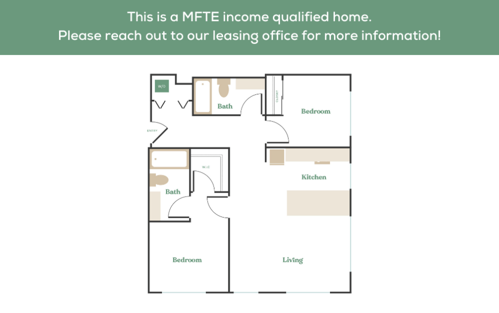 2x2 – MFTE - 2 bedroom floorplan layout with 2 bathrooms and 774 - 1107 square feet (2
)