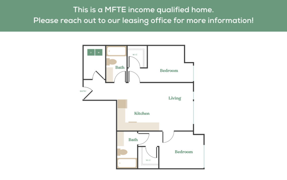 2x2 – MFTE - 2 bedroom floorplan layout with 2 bathrooms and 774 - 1107 square feet (3
)