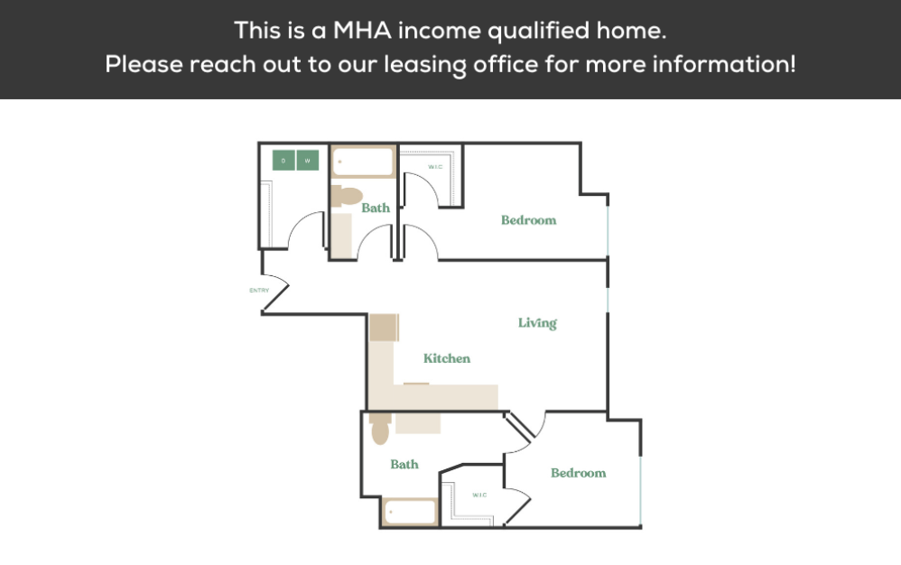 2x2 – MHA - 2 bedroom floorplan layout with 2 bathrooms and 900 - 1013 square feet (3
)