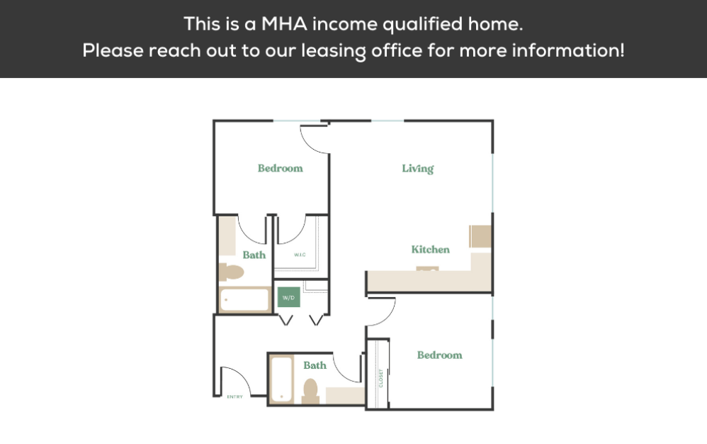 2x2 – MHA - 2 bedroom floorplan layout with 2 bathrooms and 900 - 1013 square feet (4
)