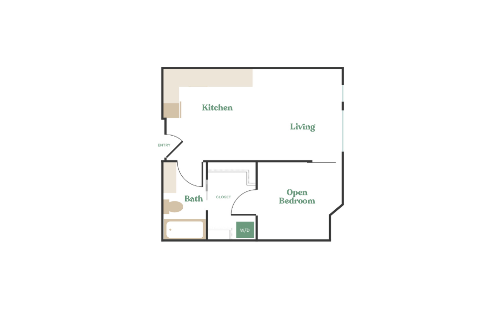 Open 1x1 - B8 - 1 bedroom floorplan layout with 1 bath and 579 square feet.